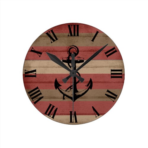 Rustic Red & Brown Wood Nautical Stripes & Anchor Round Clock