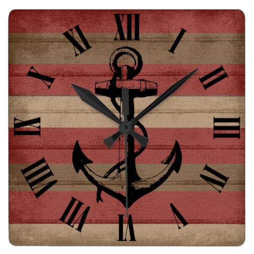 Rustic Red & Brown Wood Nautical Stripes & Anchor Square Wall Clock