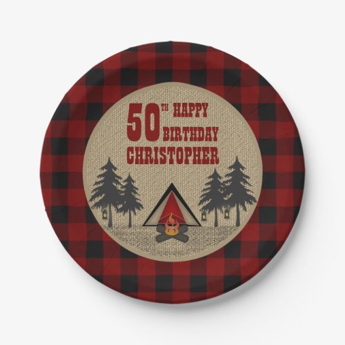 Rustic Red Buffalo Check Camp Camping Birthday Paper Plates