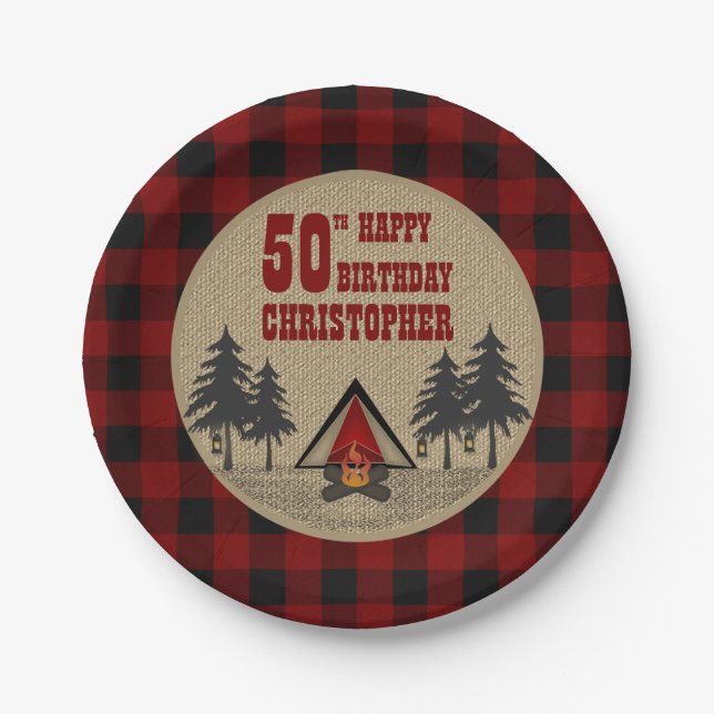Rustic Red Buffalo Check Camp Camping Birthday Paper Plates (Front)