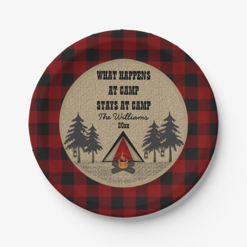 Rustic Red Buffalo Check Camp Camping Party Name Paper Plates