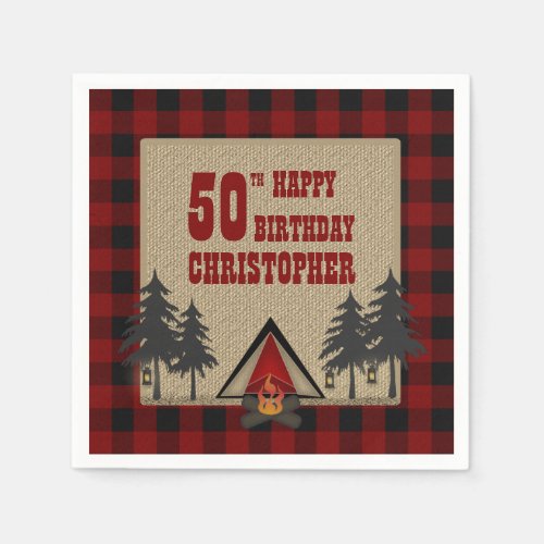 Rustic Red Buffalo Check Campfire Camping Birthday Paper Napkins