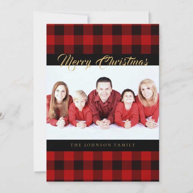 Rustic Red Buffalo Check Christmas Photo Cards (Front)