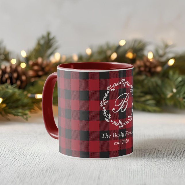 Rustic Red Buffalo Check Christmas Wreath Monogram Mug (Creator Uploaded)