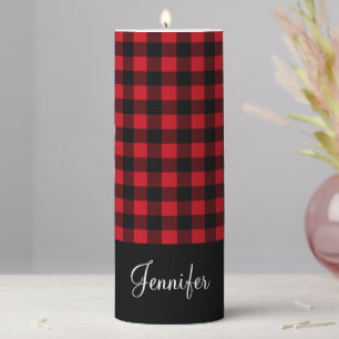 Rustic Red Buffalo Check Custom Name Pillar Candle