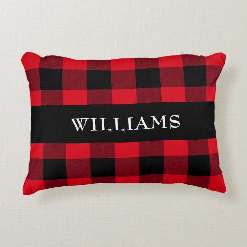 Rustic Red Buffalo Check Family Monogram Accent Pillow
