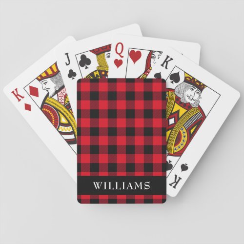 Rustic Red Buffalo Check Family Monogram Poker Cards
