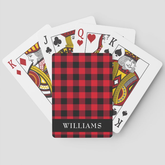 Rustic Red Buffalo Check Family Monogram Poker Cards (Back)