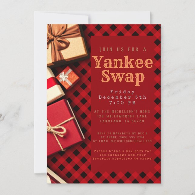 Rustic Red Buffalo Check Gift Exchange Festive Invitation (Front)