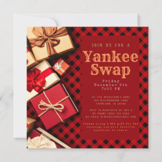 Rustic Red Buffalo Check Holiday Gift Exchange Invitation