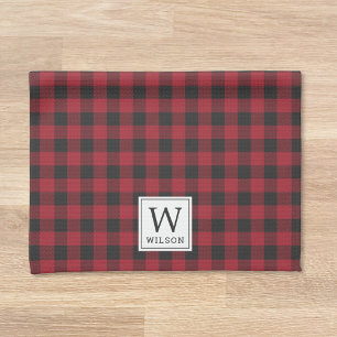 Rustic Red Buffalo Check Monogram Christmas Kitchen Towel