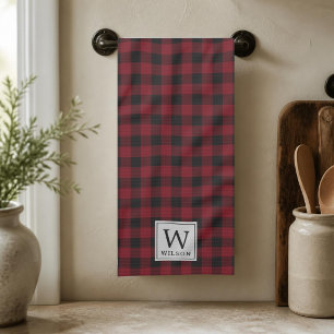 Rustic Red Buffalo Check Monogram Christmas Kitchen Towel