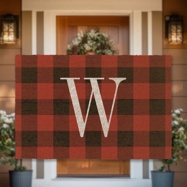 Rustic Red Buffalo Check Monogram Fiber Doormat (Creator Uploaded)