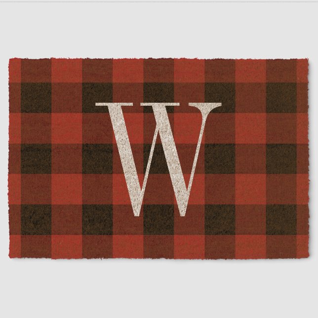Rustic Red Buffalo Check Monogram Holiday Decor Fiber Doormat (Front)