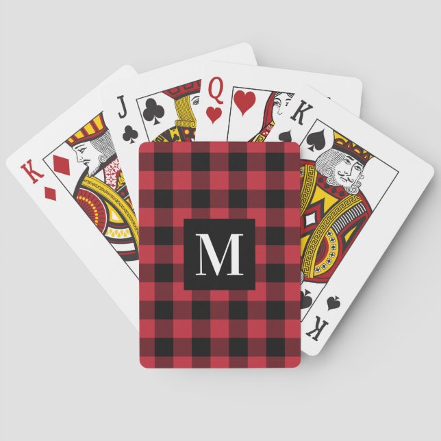 Rustic Red Buffalo Check Monogram Photo Poker Cards (Back)