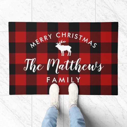 Rustic Red Buffalo Check Personalized Christmas Doormat