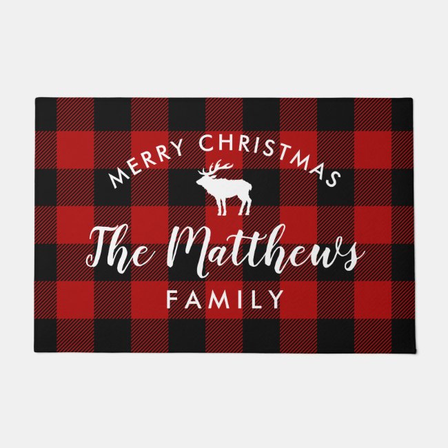 Rustic Red Buffalo Check Personalized Christmas Doormat