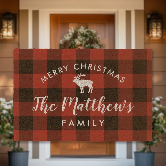 Rustic Red Buffalo Check Personalized Christmas Fiber Doormat (Creator Uploaded)