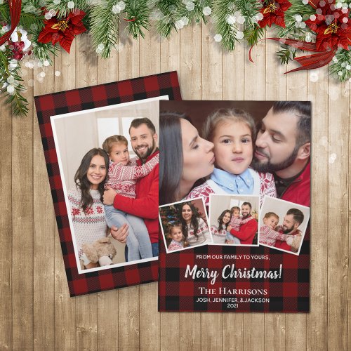 Rustic Red Buffalo Check Photo Collage Christmas Holiday Card