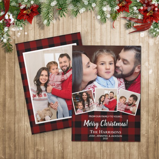 Rustic Red Buffalo Check Photo Collage Christmas Holiday Card (Creator Uploaded)