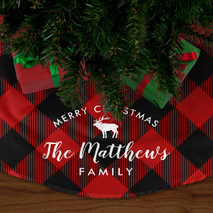 Rustic Red Buffalo Check Reindeer Monogram Brushed Polyester Tree Skirt