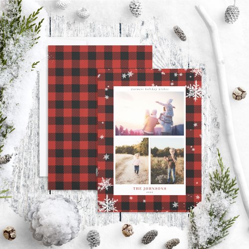 Rustic Red Buffalo Check Snowflake 3 Photo Holiday Card