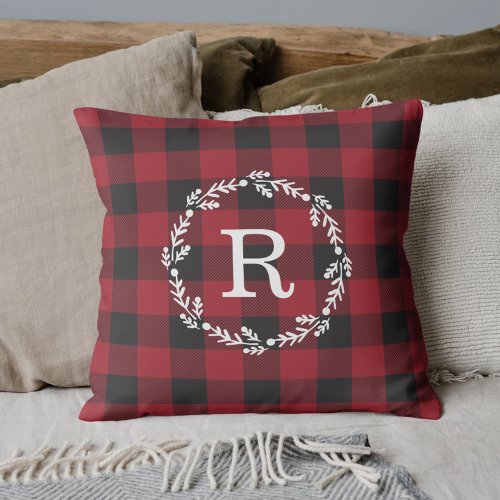 Rustic Red Buffalo Check Winter Wreath Monogram Throw Pillow