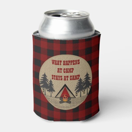 Rustic Red Buffalo Checks Camp Camping Name Can Cooler