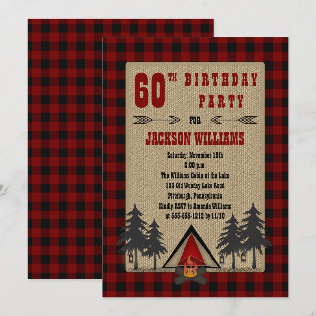Rustic Red Buffalo Checks Camping Birthday Party Invitation (Front/Back)