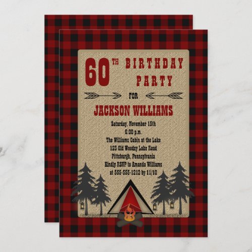 Rustic Red Buffalo Checks Camping Birthday Party Invitation