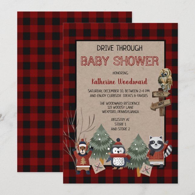 Rustic Red Buffalo Checks Drive Thru Baby Shower I Invitation (Front/Back)