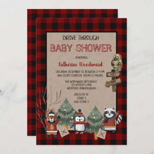 Rustic Red Buffalo Checks Drive Thru Baby Shower I Invitation