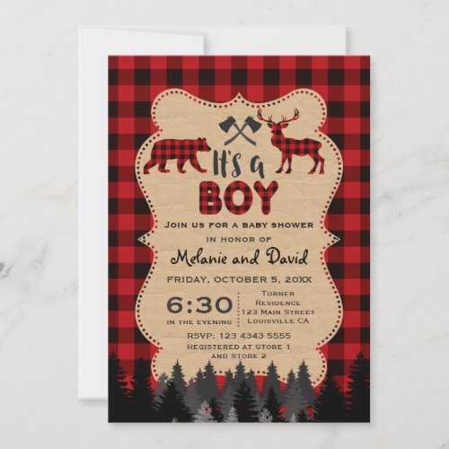 Rustic Red Buffalo Lumberjack Boy Baby Shower Invitation