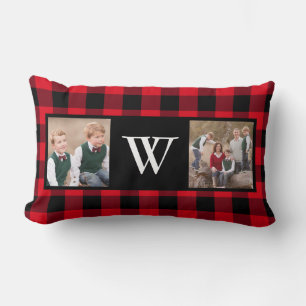 Rustic Red Buffalo Photo Collage Monogram Lumbar Pillow