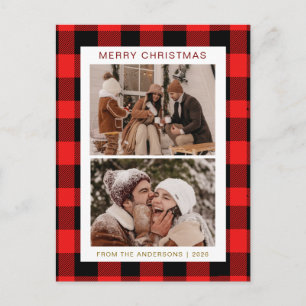 Rustic Red Buffalo Plaid 2 Photo Christmas Family Holiday Postcard