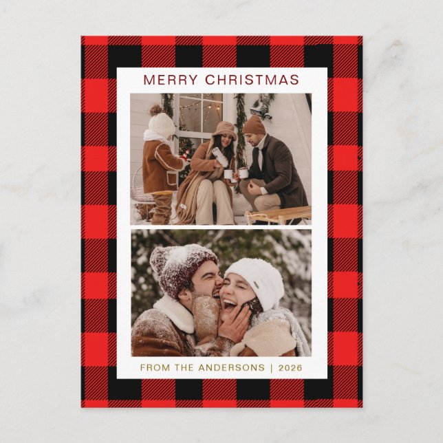 Rustic Red Buffalo Plaid 2 Photo Christmas Family Holiday Postcard (Front)