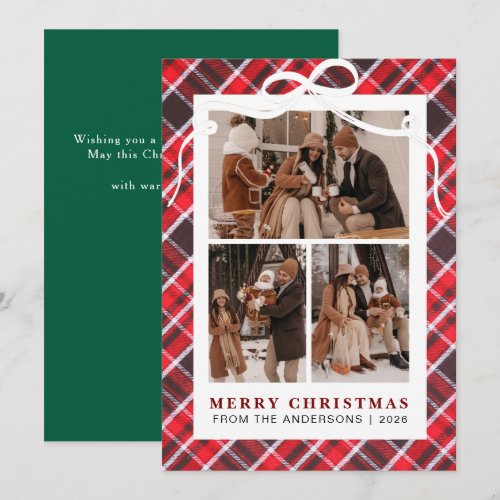 Rustic Red Buffalo Plaid 3 Photo Collage Christmas Holiday Card