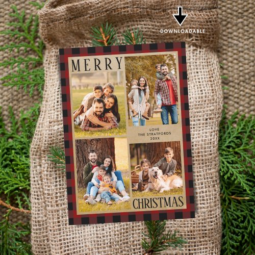 Rustic Red Buffalo Plaid 4 Photo Collage Holiday Card