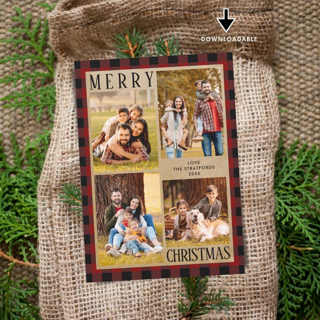 Rustic Red Buffalo Plaid 4 Photo Collage Holiday Card (Creator Uploaded)
