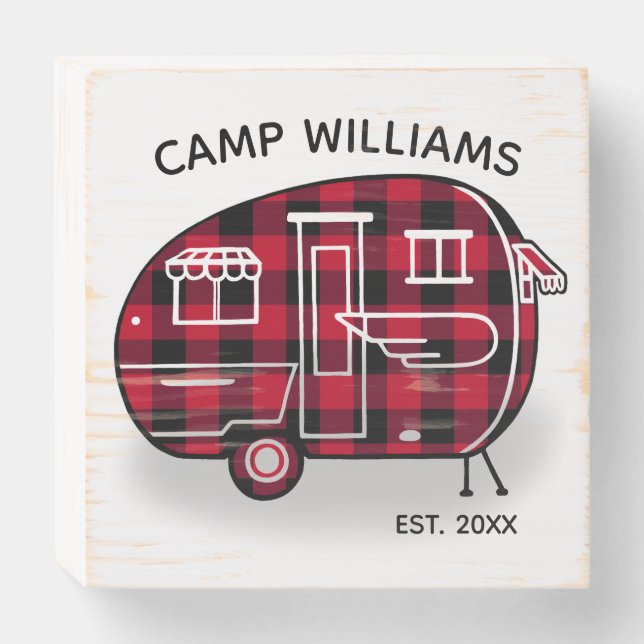 Rustic Red Buffalo Plaid Camper Family Wooden Box Sign (Front Horizontal)