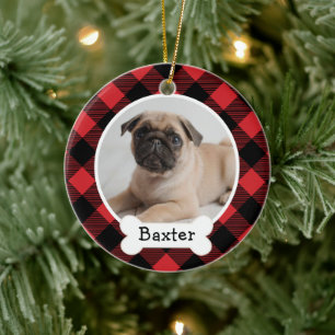Rustic Red Buffalo Plaid Christmas Dog Photo Name Ceramic Ornament