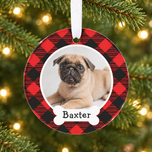 Rustic Red Buffalo Plaid Christmas Dog Photo Name Ornament