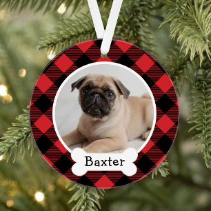 Rustic Red Buffalo Plaid Christmas Dog Photo Name Ornament