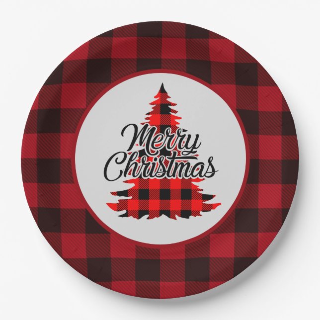 Rustic Red Buffalo Plaid Christmas Paper Plates (Front)