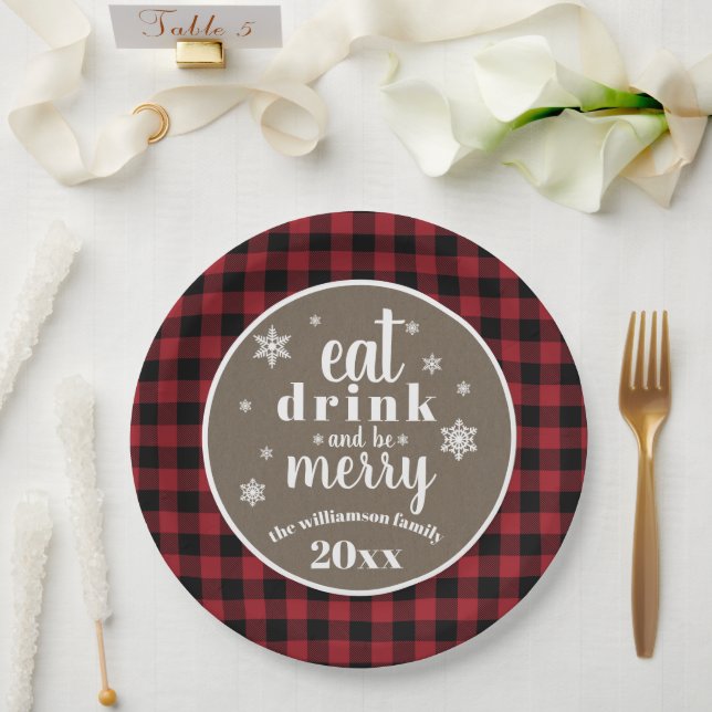 Rustic Red Buffalo Plaid Christmas Paper Plates (Wedding)