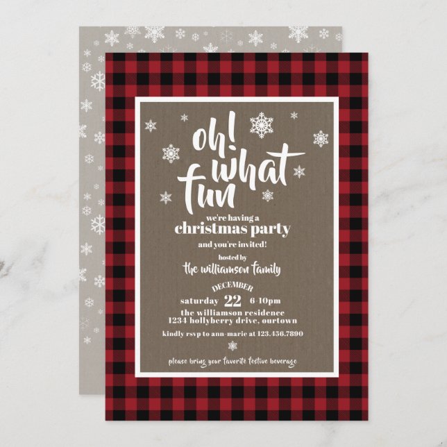Rustic Red Buffalo Plaid Christmas Party Invitation (Front/Back)