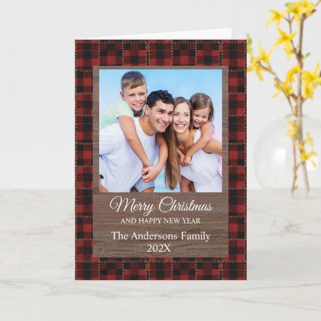 Rustic Red Buffalo Plaid Customizable Family Photo Card (Yellow Flower)