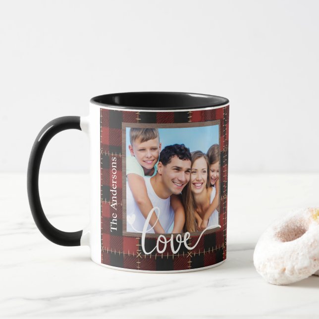 Rustic Red Buffalo Plaid Customizable Family Photo Mug (With Donut)