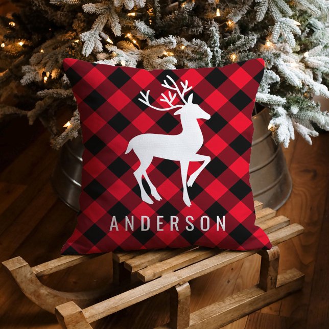 Rustic Red Buffalo Plaid Deer Christmas Monogram Throw Pillow (Creator Uploaded)