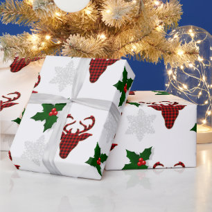 Rustic Red Buffalo Plaid Deer Snowflake and Holly Wrapping Paper